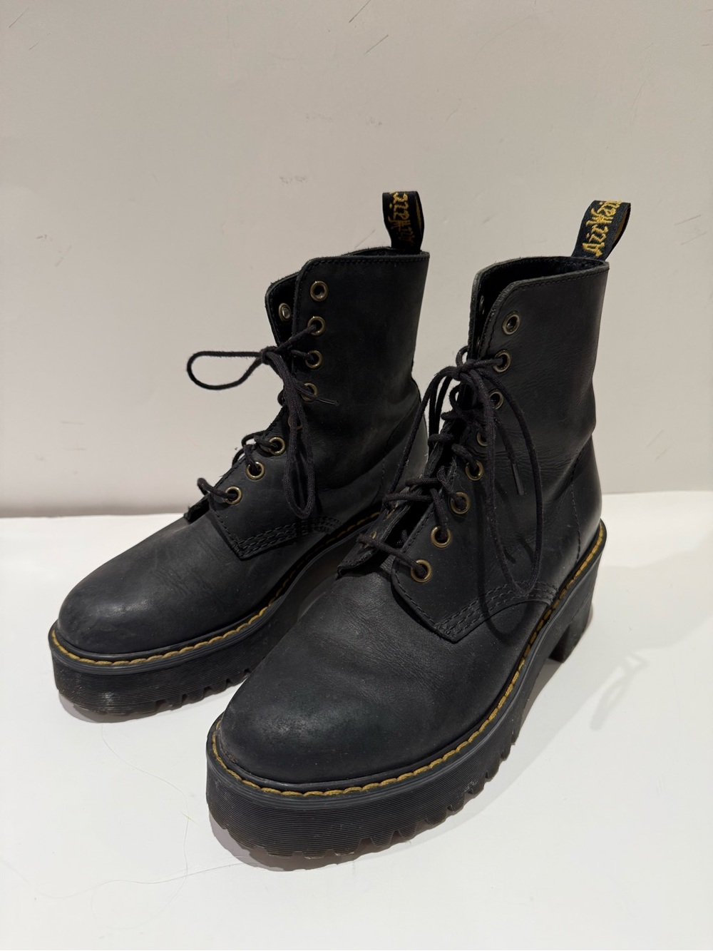Dr Martens Black Leather Platform Combat Boots Chunky Sole Lace Up sz 7